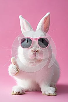 Stylish easter bunny with sunglasses giving thumbs up on soft colored background for text
