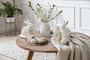 Stylish Easter Coffee Table with Ceramic Rabbits, Decorative Eggs, and Scandinavian Charm