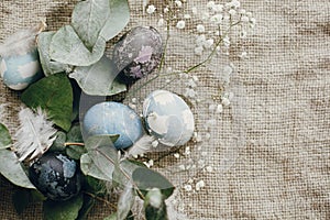 Stylish easter eggs in rustic nest with feathers on rustic table. Natural dyed blue  easter eggs with eucalyptus branch, spring