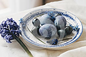 Stylish easter eggs on vintage plate and spring flowers on rustic table. Happy Easter! Natural dye blue eggs, purple hiacynt