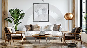 Stylish and eclectic dining room with a mock-up poster map, sharing table design, chairs, gold pendant lamp, elegant sofa, white