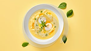 Stylish Egg Drop Soup With Spinach And Parsley On Yellow Background photo