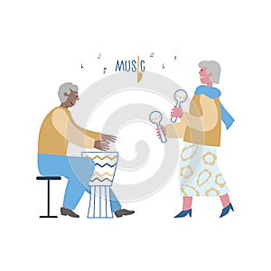 Stylish elderlies maracas, drum play. Seniors like and enjoy music in social club. Can use for web, banner, post