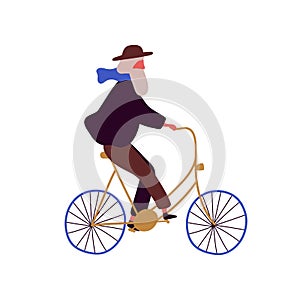 Stylish elderly man riding bicycle flat vector illustration. Trendy grandfather at urban vehicle. Retired male cartoon