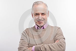 Stylish elderly professor feeling extremely excited before giving lecture