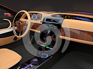 Stylish electric car interior with luxury wood pattern decoration.