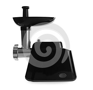 Stylish electric meat grinder isolated on white. Kitchen device