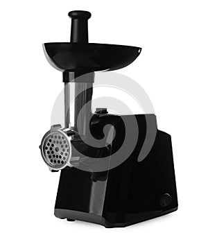 Stylish electric meat grinder isolated on white. Kitchen device