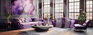 Stylish elegant luxury purple and pink open living room