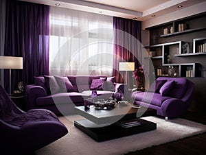 Stylish elegant luxury purple and pink open living room