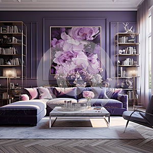 Stylish elegant luxury purple and pink open living room