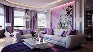 Stylish elegant luxury purple and pink open living room