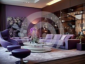 Stylish elegant luxury purple and pink open living room