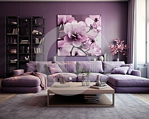 Stylish elegant luxury purple and pink open living room