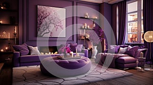 Stylish elegant luxury purple and pink open living room