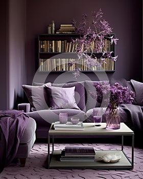 Stylish elegant luxury purple and pink open living room