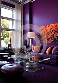 Stylish elegant luxury purple and pink open living room