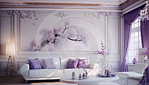 Stylish elegant luxury purple and white open living room