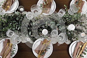 Stylish elegant table setting for festive dinner, flat lay