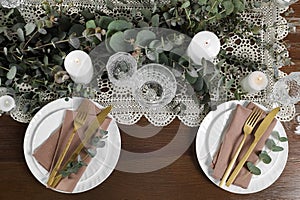 Stylish elegant table setting for festive dinner, flat lay