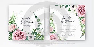 Stylish elegant vector floral watercolor wedding invite, greeting card, save the date template set. Dusty pink, mauve rose, white