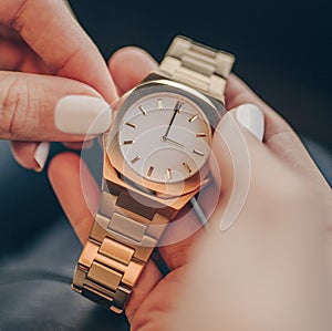 Stylish elegant watch on woman hand