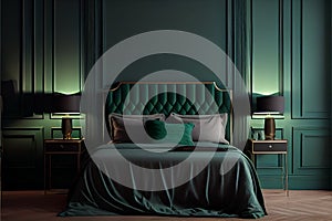 Stylish emerald green bedroom interior with comfortable king size bed with headboard and pillows in dark green bedroom