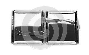 Stylish empty cigarette case isolated on white