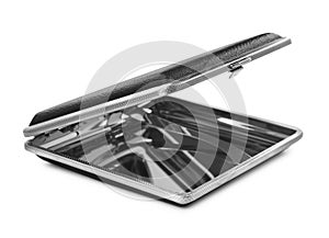 Stylish empty cigarette case isolated on white