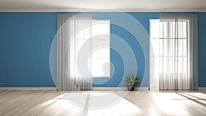 Stylish empty room with panoramic windows, parquet wooden floor, classic shutters, potted plants and decors. Blue background with