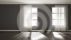 Stylish empty room with panoramic windows, parquet wooden floor, classic shutters, potted plants and decors. Gray background with