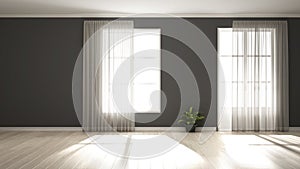 Stylish empty room with panoramic windows, parquet wooden floor, classic shutters, potted plants and decors. Gray background with