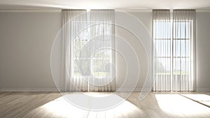 Stylish empty room with panoramic windows, parquet wooden floor, classic shutters, white curtains. White background with copy