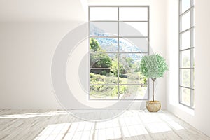 Stylish empty room in white color with summer landscape in window. Scandinavian interior design. 3D illustration