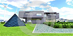 Stylish energy-efficient country house of the future. Pyramid covered with photovoltaic panels. Own vsilent wind generators. 3d