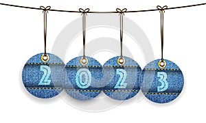 Stylish English calendar for 2023 on linen texture with jeans tags