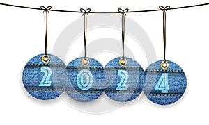 Stylish English calendar for 2024 on linen texture with jeans tags