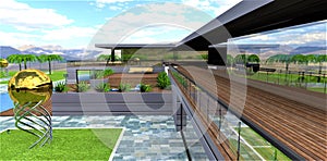 Stylish estate of the future. Glass facade with wooden terrace. Metal installation as a decor on the lawn. 3d rendering