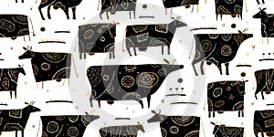 Stylish Ethnic Cows family on meadow. Seamless pattern background. Vector Illustration