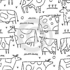 Stylish Ethnic Cows family on meadow. Seamless pattern background. Vector Illustration