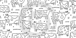 Stylish Ethnic Cows family on meadow. Seamless pattern background. Vector Illustration