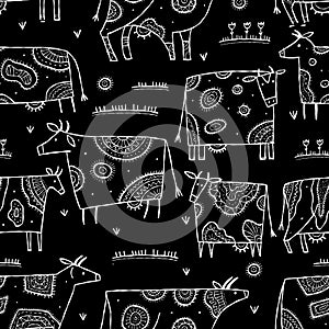 Stylish Ethnic Cows family on meadow. White on black color. Seamless pattern background. Vector Illustration