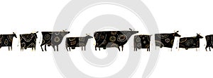 Stylish Ethnic Cows family. Seamless line pattern background. Vector Illustration