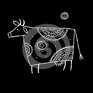 Stylish Ethnic Vector Illustration: Isolated Cow on black Background