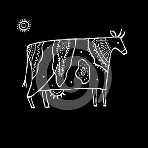 Stylish Ethnic Vector Illustration: Isolated Cow on black Background