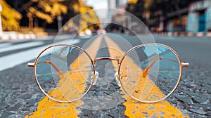 Stylish eyeglasses elegantly positioned on the pavement of a trendy urban street setting