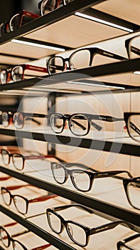 Stylish eyeglasses neatly arranged on a well lit store shelf