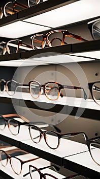 Stylish eyeglasses neatly arranged on a well lit store shelf