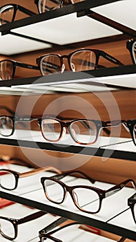 Stylish eyeglasses neatly arranged on a well lit store shelf