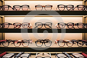 Stylish eyeglasses neatly arranged on a well lit store shelf photo